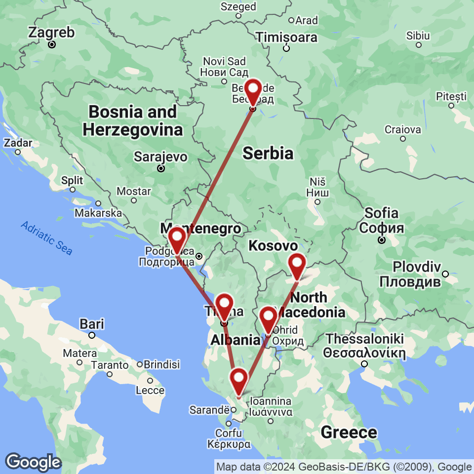 Route for Belgrade, Kotor, Tirana, Gjirokastra, Ohrid, Skopje tour